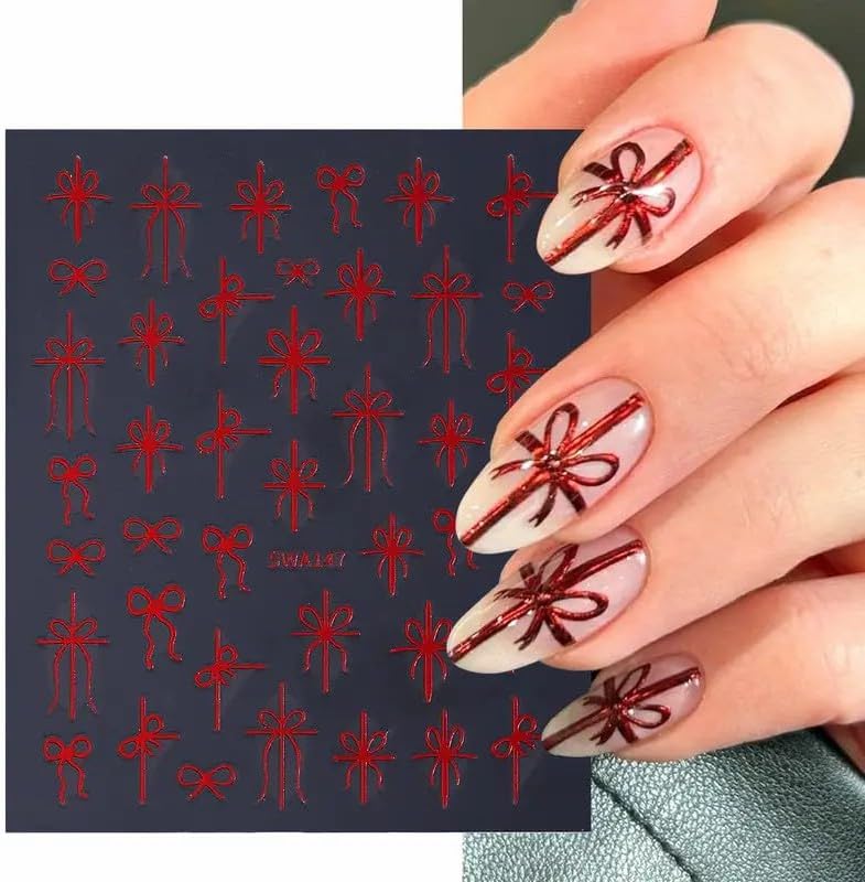 Christmas Nail Art Stickers Decals Christmas Gift Bow Nail Decals 6PCS Golden Green Red Ribbon 3D Self-Adhesive Nail Designs Holiday Nail Stickers Manicure Supply for Women DIY Nail Art Decorations