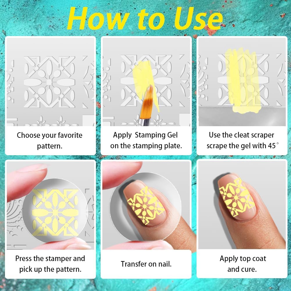 3Pcs Vintage Floral Nail Stamping Plate Star Swirls Nail Art Stamp Templates Stainless Steel Reusable Tools with Stamper Scraper for Manicure Printing