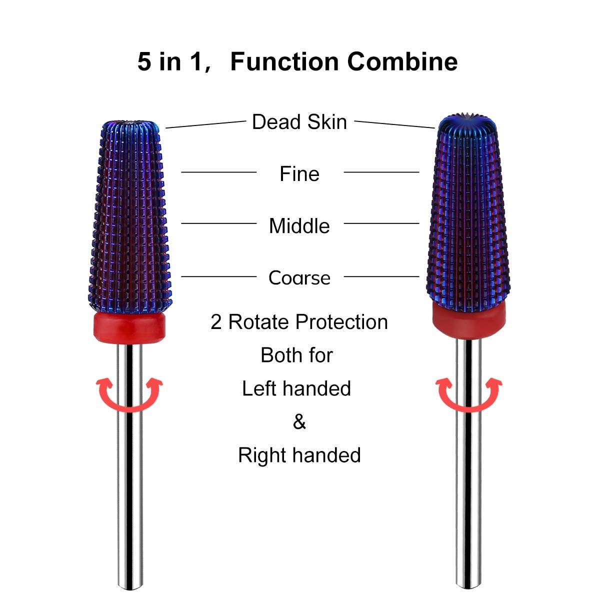 Lavinda 5 in 1 Fine Grit Tapered Nail Drill Bit for Acrylic Gel Removal Carbide Tungsten Steel Left Right Hand Use Professional Nail Tech Tools 3/32" (Fine, Purple)