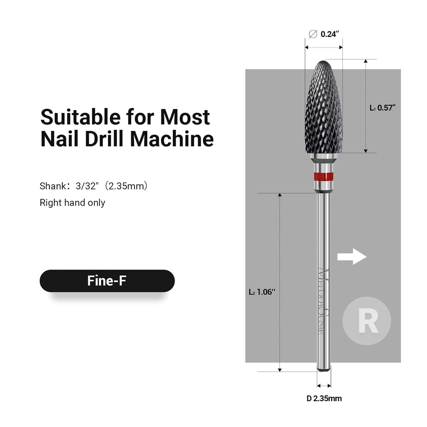 MelodySusie Ceramic Nail Drill Bit, 3/32'' (2.35mm) Professional Acrylic Nail File Flame Drill Bit for Manicure Pedicure Cuticle Gel Nail Polishing, Beginners Bits, Black, Series Bit-S, Fine