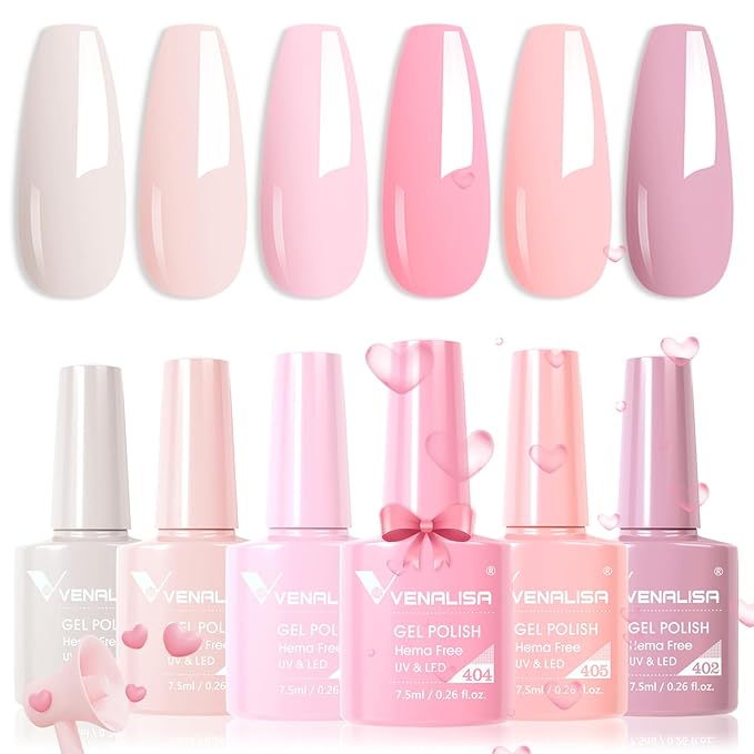 VENALISA Hema-Free Pink Gel Nail Polish Set- 6 Colors Popular Nude Pink Gel Polish Kit, Soak Off LED Nail Lamp Light Pink Gel Manicure Kit DIY at Home Salon Gifts for Women Girls