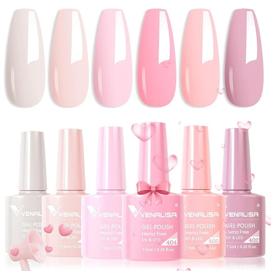 VENALISA Hema-Free Pink Gel Nail Polish Set- 6 Colors Popular Nude Pink Gel Polish Kit, Soak Off LED Nail Lamp Light Pink Gel Manicure Kit DIY at Home Salon Gifts for Women Girls
