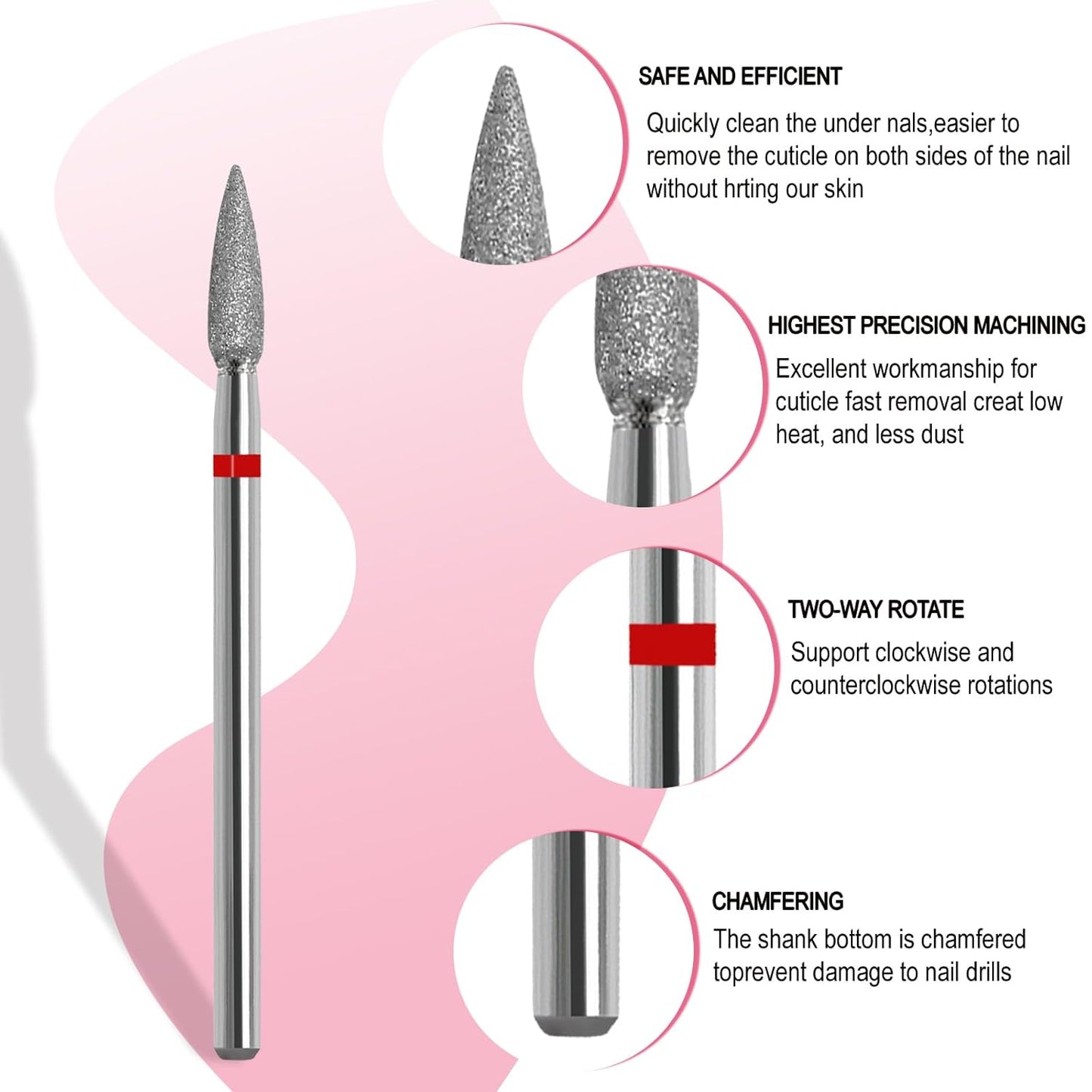 Cuticle Nail Drill Bit, 3/32'' Professional Safety Diamond Under Nail Cleaner for Cuticle Dead Skin Nail Prepare, Beginners Bits, Experienced Tech,Flame Shape (Fine)