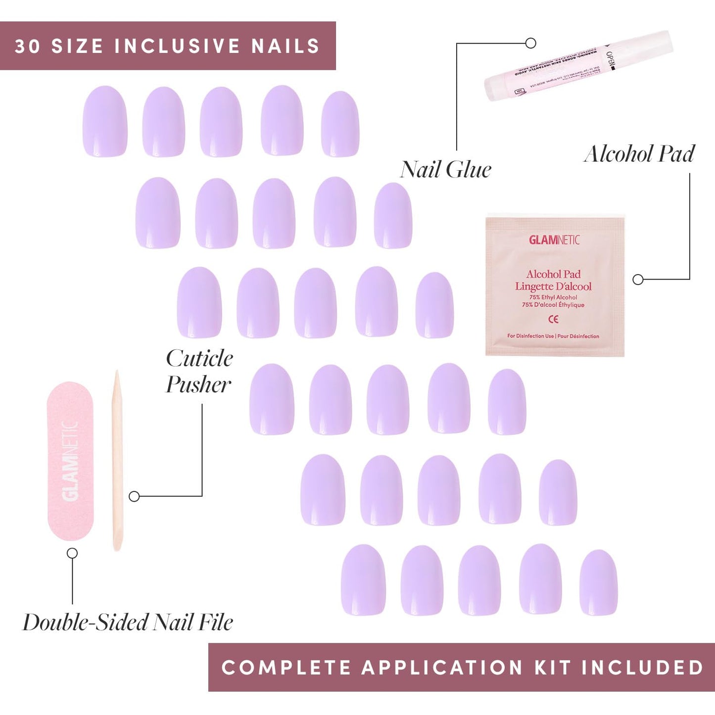 Glamnetic Press On Nails - Lilac | Solid Opaque Light Pastel Purple Round Nails, Salon Quality | 12 Sizes - 30 Nail Kit