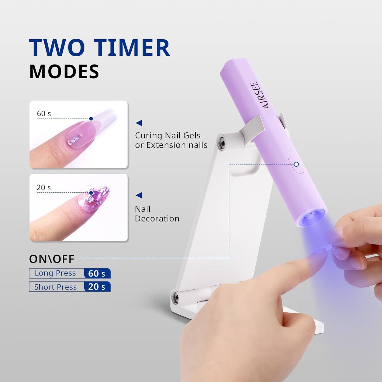 AIRSEE Mini Handheld UV Light with Stand,Portable Rechargeable Nail Lamps,2 Timers for Fast Nail Extension,Rhinestone Glue Decoration,Gel Strips at Home,Travel(Purple)
