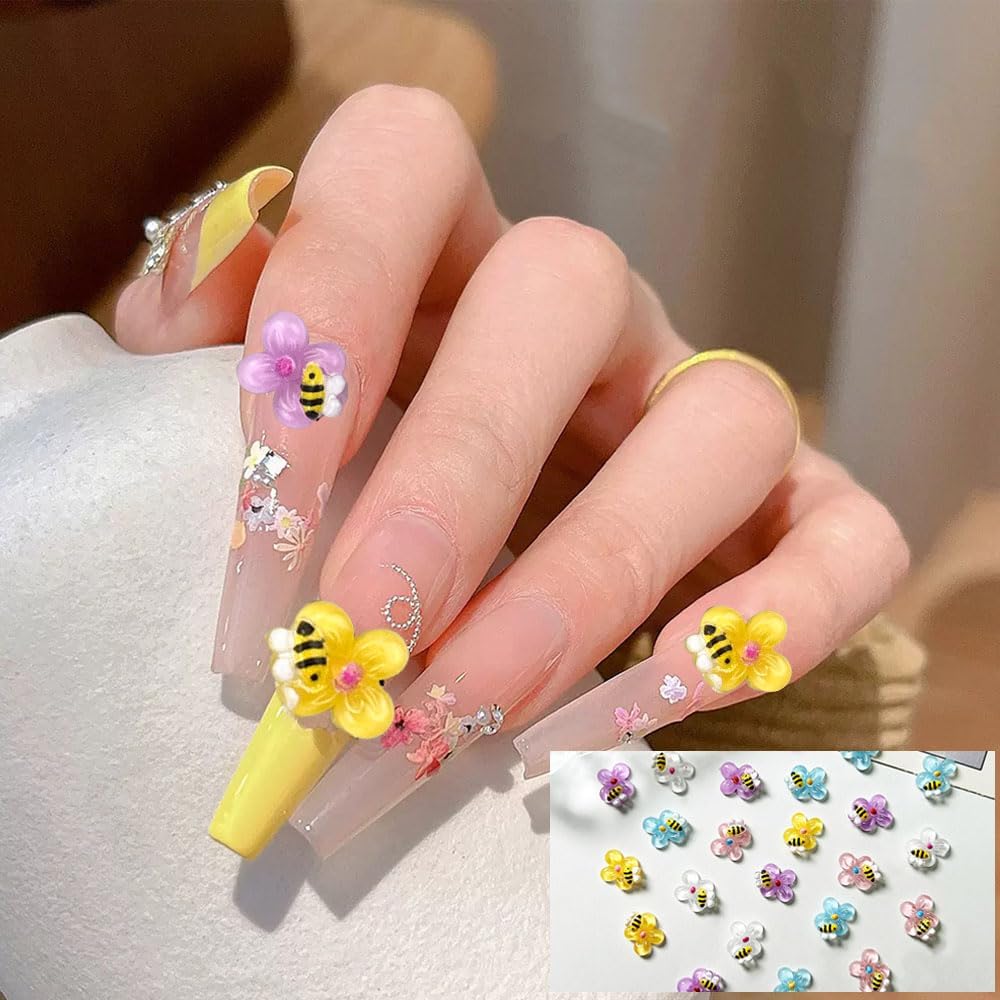150PCS Bee Flower Nail Charms, 3D Resin Mixed Colors Cute Bees Jewelry Spring Nail Art for Women Girls Manicure DIY Nail Decoration