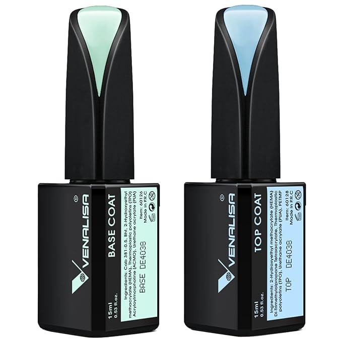 VENALISA 2 Pcs 15ml Gel Nail Ploish Base and Top Coat Set, No Wipe High Gloss Long Lasting Tempered Top Coat Polish Soak Off LED Gel Kit