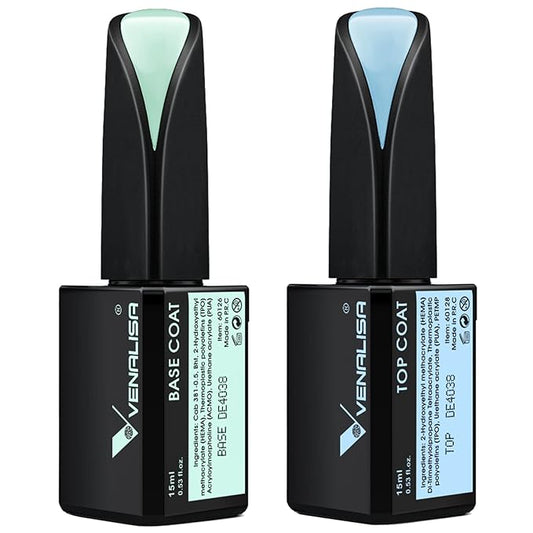 VENALISA 2 Pcs 15ml Gel Nail Ploish Base and Top Coat Set, No Wipe High Gloss Long Lasting Tempered Top Coat Polish Soak Off LED Gel Kit