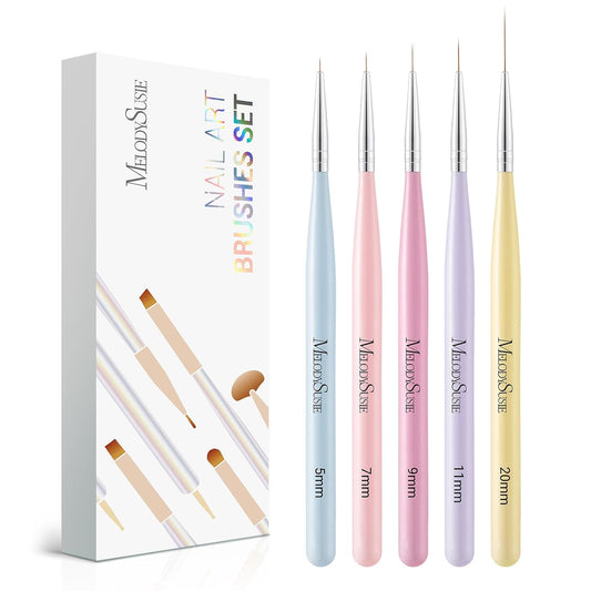 MelodySusie Nail Art Liner Brushes 5Pcs Professional Gel Polish Painting Art Design Pen Set for Thin Long Lines, Tiny Details, Fine Drawing, Delicate Coloring Sizes 5/7/9/11/20mm