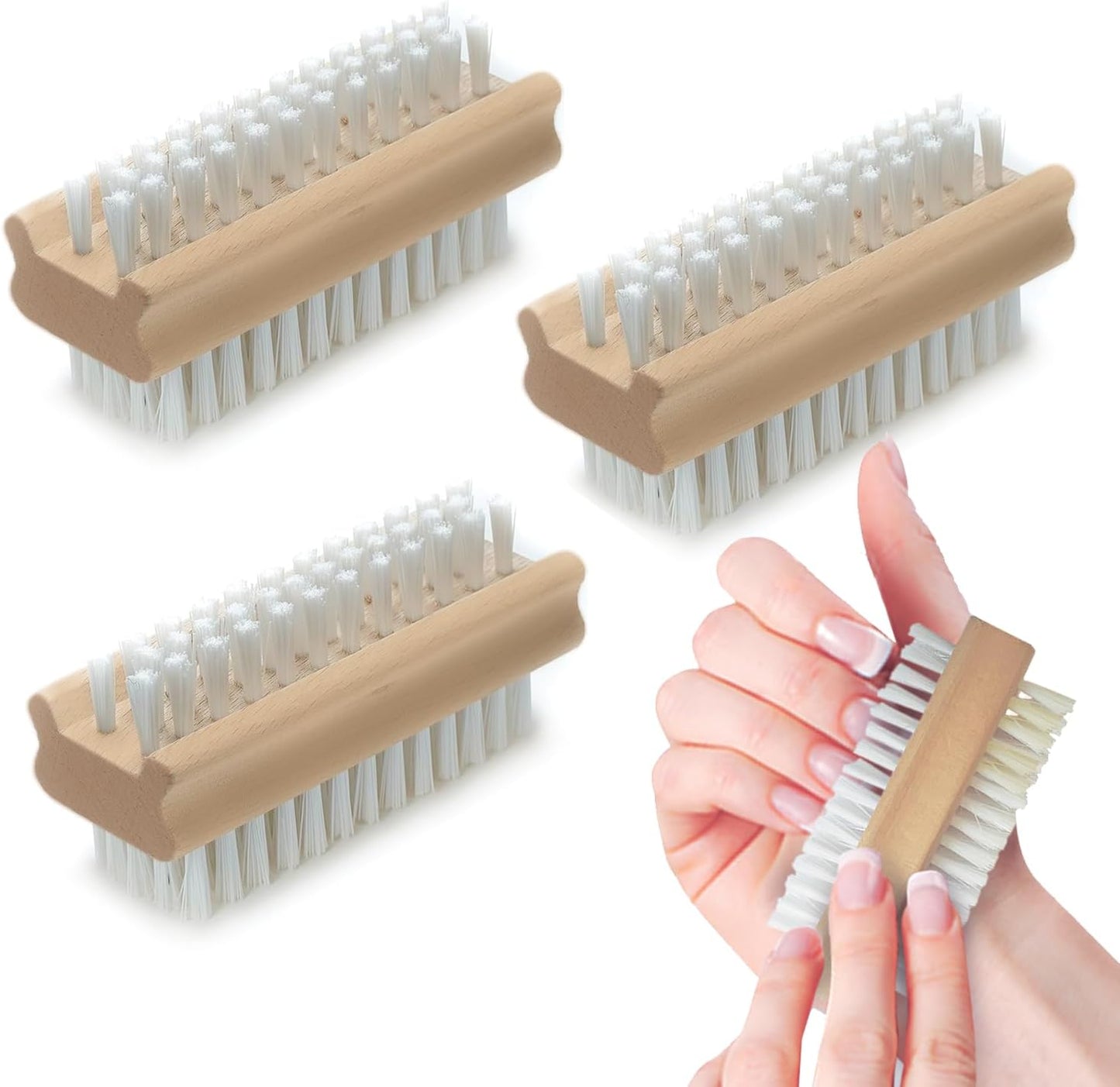LOLA Classic Hand & Nail Wood Brush, 3 Pack, Heavy Duty 2 Sided Soft & Stiff Bristles, Cleans Hands, Fingernails, Feet & Toenails