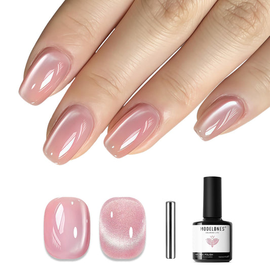 modelones Cat Eye Gel Nail Polish, Pink Glassy 9D Cateye with Magnet Shimmer Soak Off Reflective Translucent Gel Magnetic Top Coat Nail Polish for Women Girl 15 ML