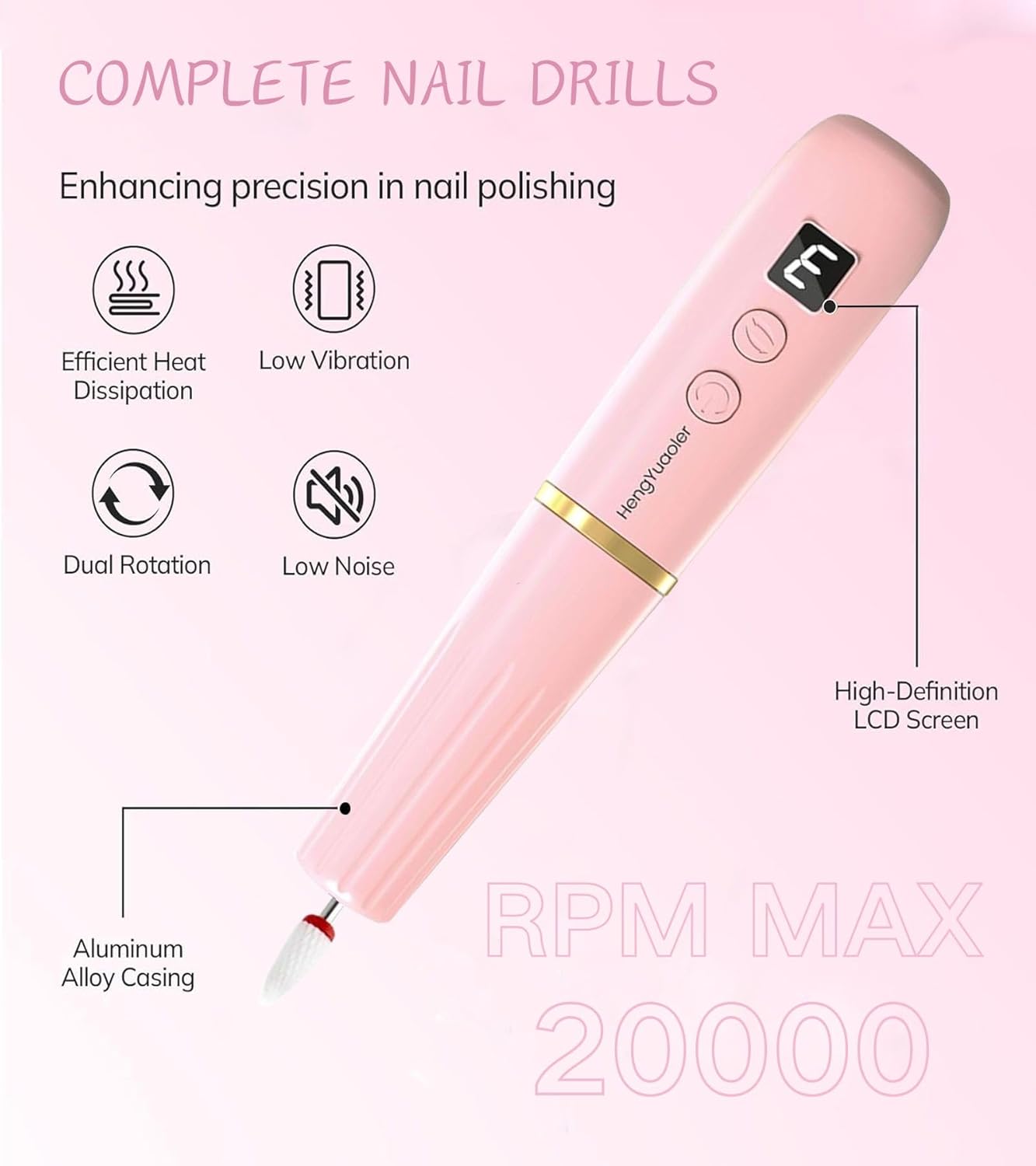 Electric Nail Drill Machine File Efile Set for Acrylic Gel Nails Portable Nail Drill Machine Kit Rechargeable Pedicure Tools for Hand Feet Manicure Pedicure Tools Polishing Set (Pink)
