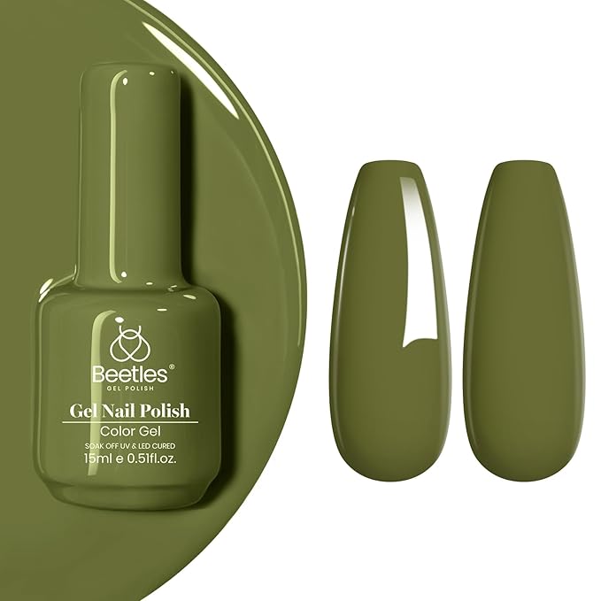 Beetles Olive Green Gel Nail Polish, 15ml Fall Army Green Earth Tone Gel Polish Long-Lasting Soak Off Manicure for DIY Nail Art