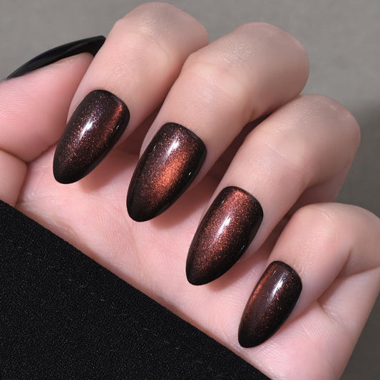evpct Dark Red Press on Nails Almond Short, Reddish Brown Cat Eye Glitter Press on Nails for Women Gift, Soft Gel Press Glue On Nail with Nail Glue, Full Cover, 30Pcs Reusable Acrylic Fake Nails Kit