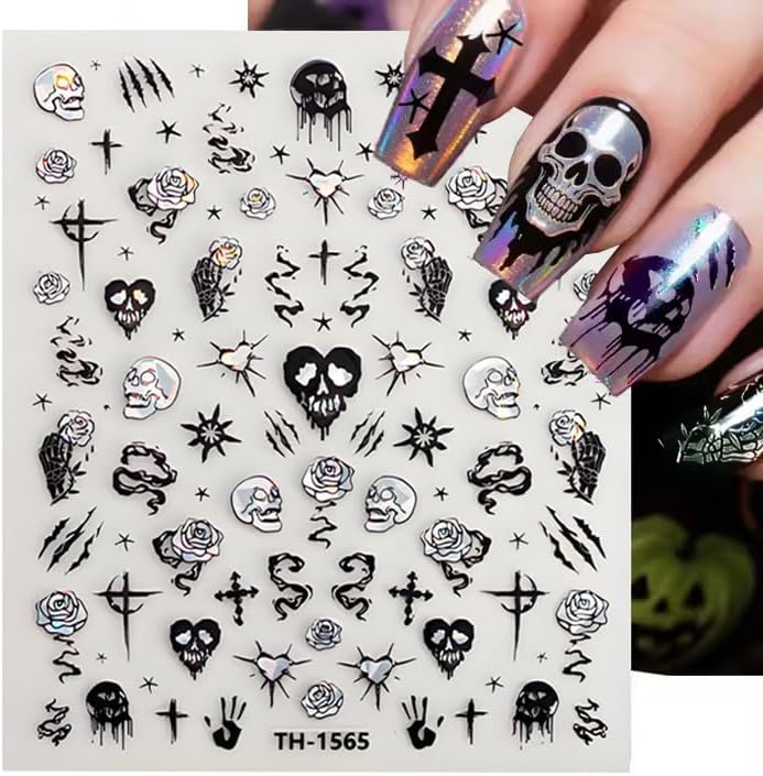 Halloween Nail Art Stickers Decals 3D Sparkly Ghost Pumpkin Self-Adhesive Nail Decals Nail Art Supplies 6PCS Spider Web Spider Black Cat Skull Bat Halloween Nails Design Transfer Sliders for Women