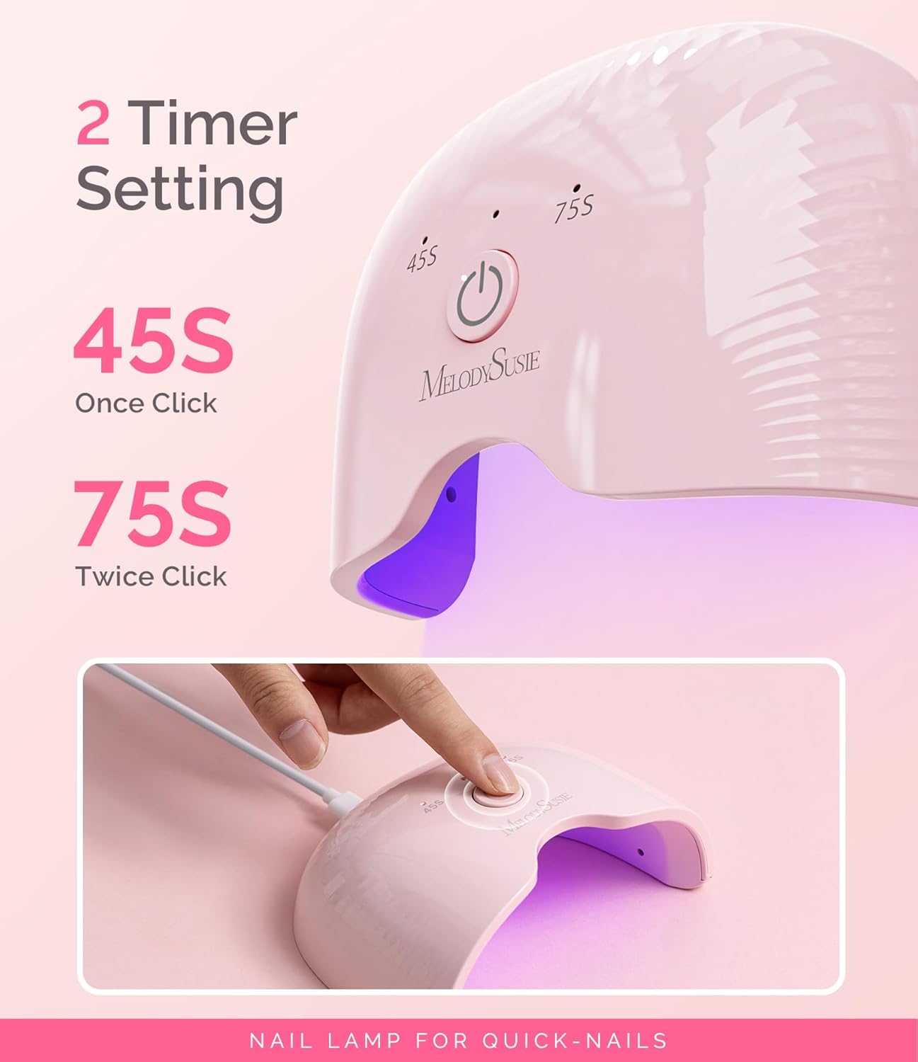 MelodySusie Small LED UV Nail Lamp with Lightweight Design, P-ART06F Nail Dryer with Simple Button Control Cures All Soft Gels at Home, Especially Half-Cured Gel, Base Coat & Top Coat Pink
