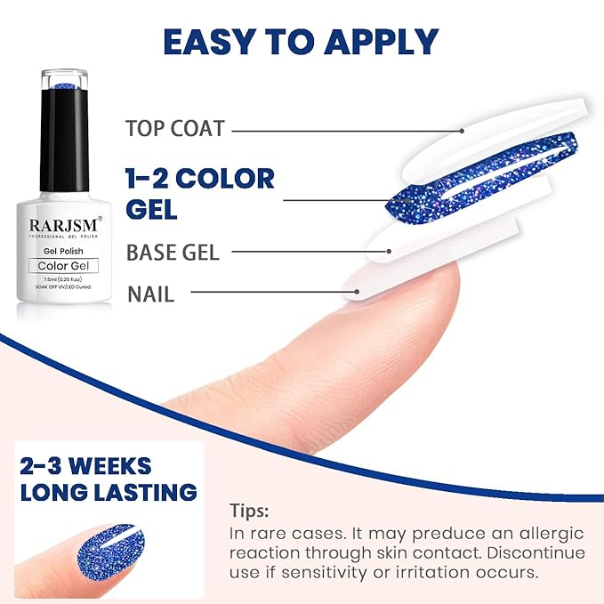 RARJSM Reflective Glitter Gel Polish Royal Blue Sparkle Iridescent Rainbow Shimmer Dark Blue Nail Polish 7.5ml Soak Off Sparkle Flash Disco Diamond Salon DIY Home Manicure