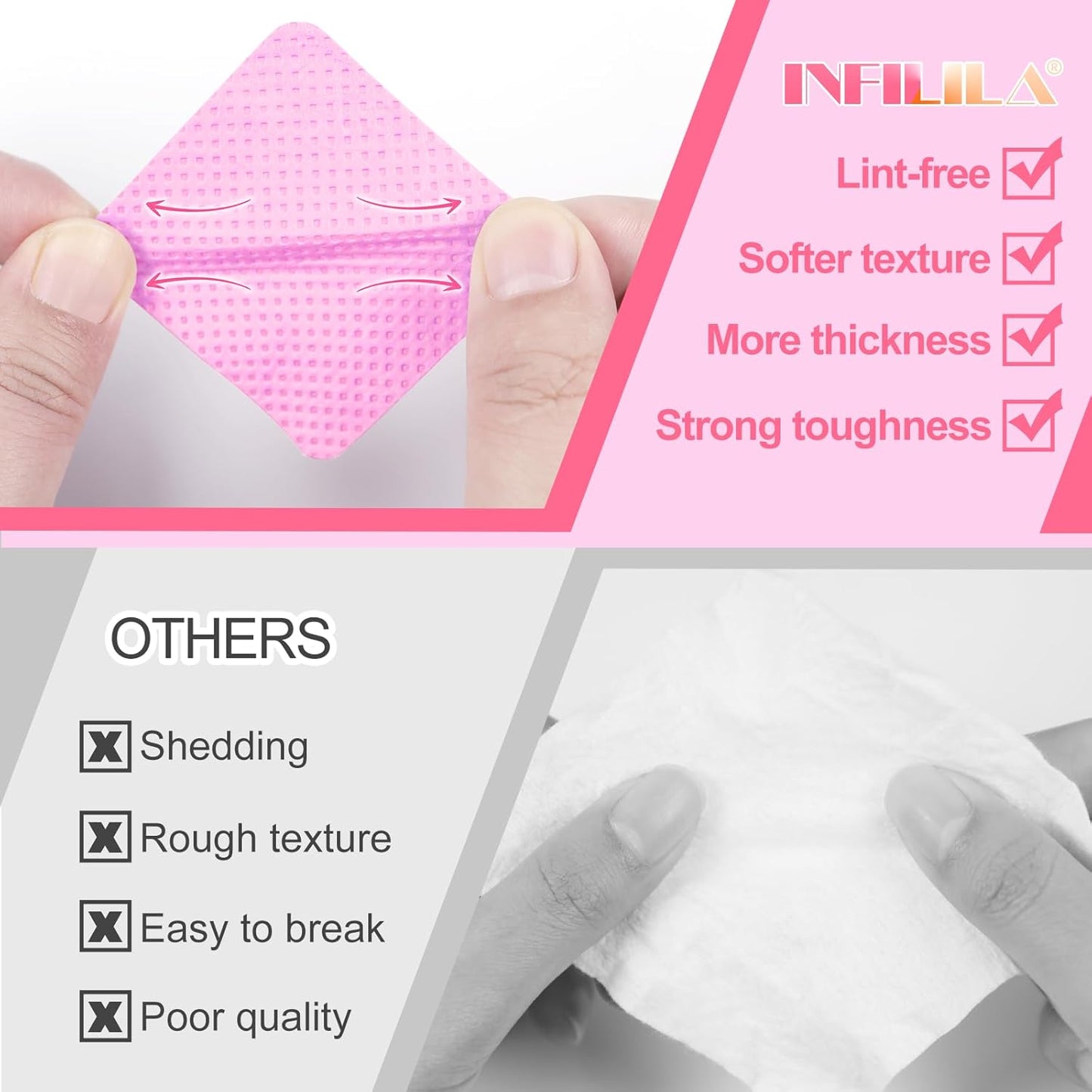 NXJ INFILILA Lint Free Nail Wipes, 400PCS Nail Polish Remover Wipes Super Absorbable Soft Lint Free Cotton Pads Lash Extensions Glue Nails Cleaning Pads for Salon Supplies