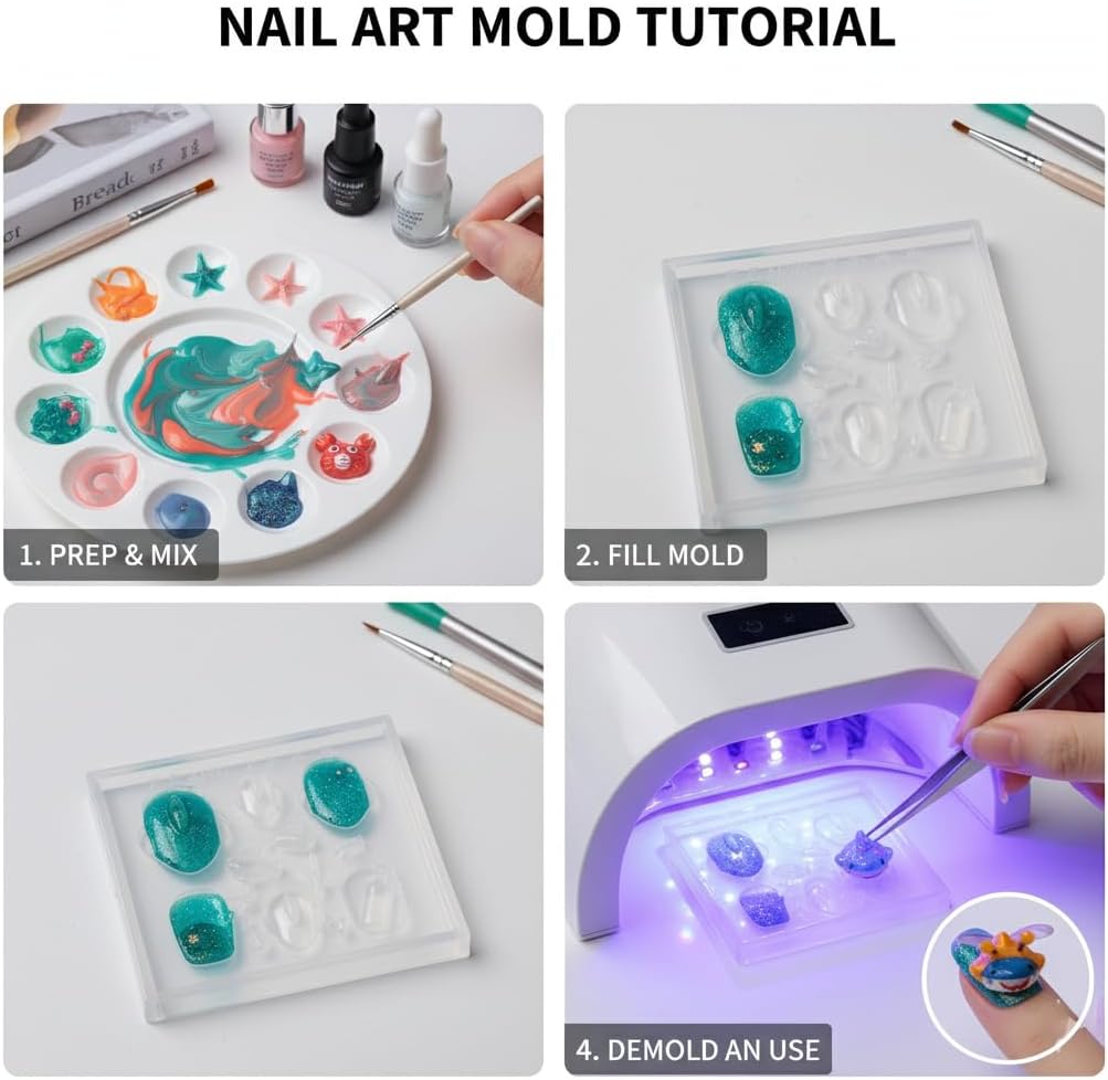 3D Sea Creature Nail Art Molds - DIY Resin/Gel Nail Charms Making Kit, Cute Shark, Crab, Seashell & Ocean Theme Decorations for Manicure