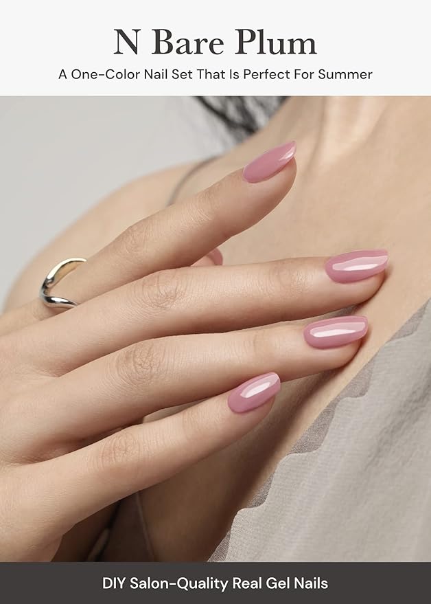 ohora Semi Cured Gel Nail Strips (N Bare Plum) - Purple, Solid, Works with Any UV/LED Lamps, Salon-Quality, Long Lasting, Easy to Apply & Remove - Includes 2 Prep Pads, Nail File & Wooden Stick