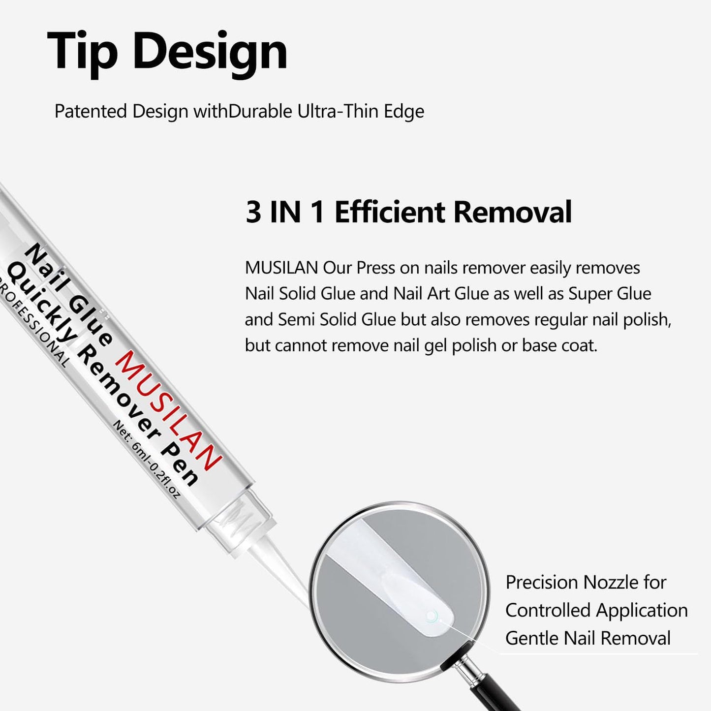 3 IN 1 Nail Glue Remover,3PCS 6ML Nail Glue Remover Pen For Press On Nails,Click Remove Pen Design,Click Glue Gel For Fake Nails Debonder Adhessive Not for Gel Polish Base Coat