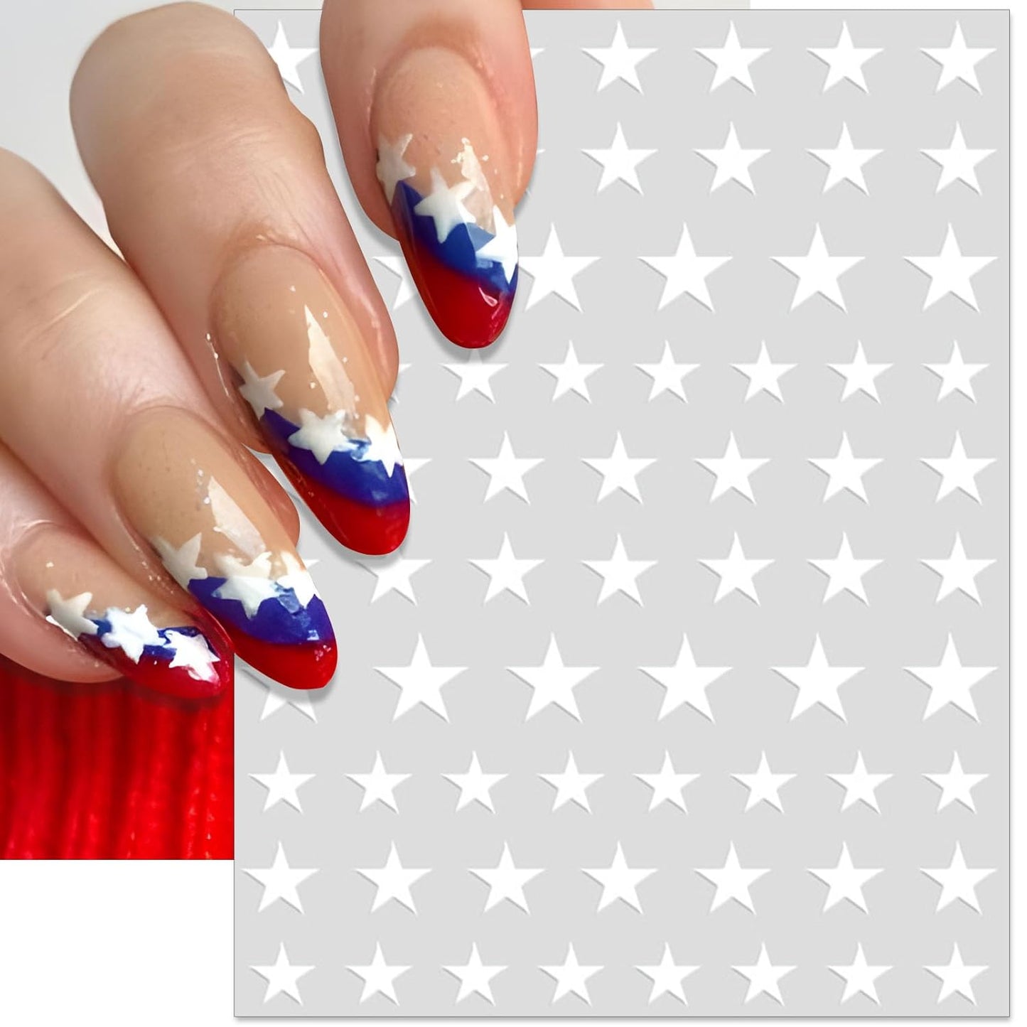 4th of July Nail Stickers, Laser Bright Red Blue White Star for Independence Day Patriotic Nail Decals, 3D Design Self-Adhesive USA Flag Glitter Star Nail Art (6 Sheets)