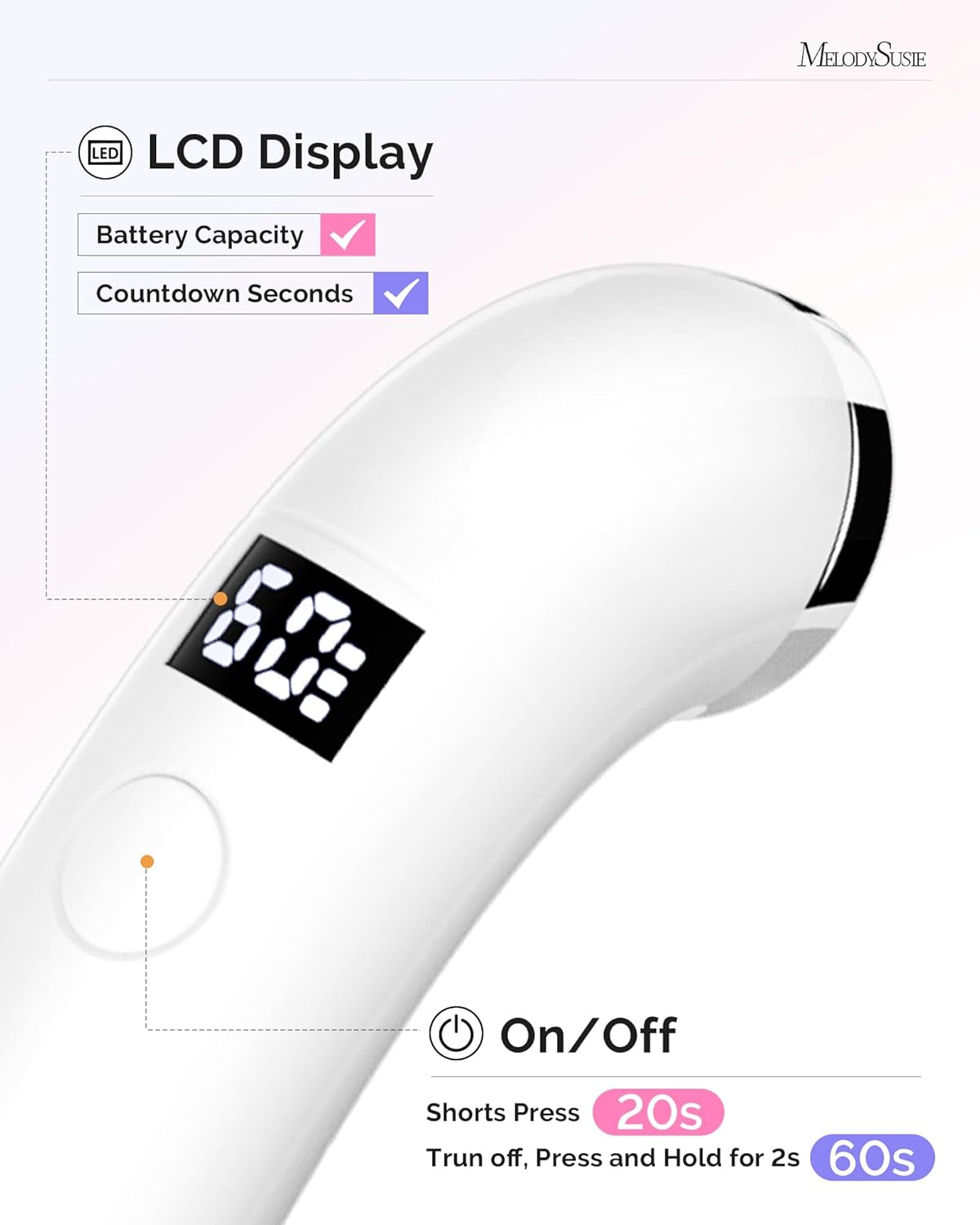 MelodySusie Handheld UV Light for Gel Nails, P-ART01A Cordless UV Nail Lamp with LCD Display& Ergonomic Design, Rechargeable LED Light Flash Cures Soft Gels, Rhinestone Glue & Liner Gel,White