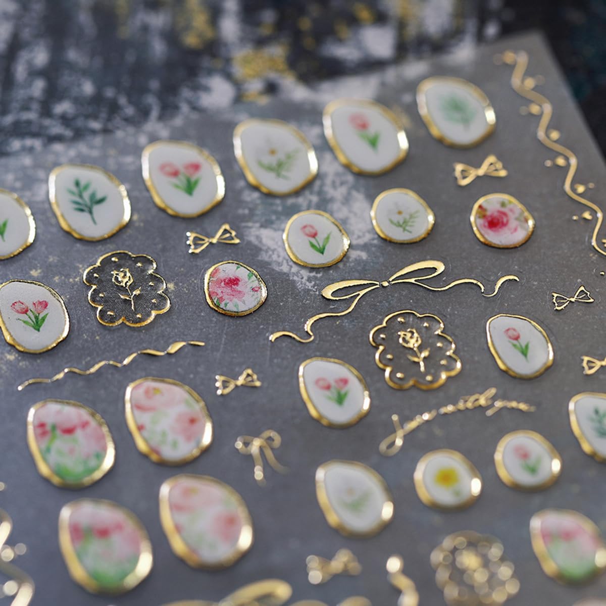 Flower Nail Art Stickers Decals 5D Embossed Jelly Flowers Nail Decals 1PCS Hot Stamping Tulip Gold Edge Rose Bow-knot Lily Leaf Flower Design Nails Adhesive Stickers for Women DIY Nail Art Decorations