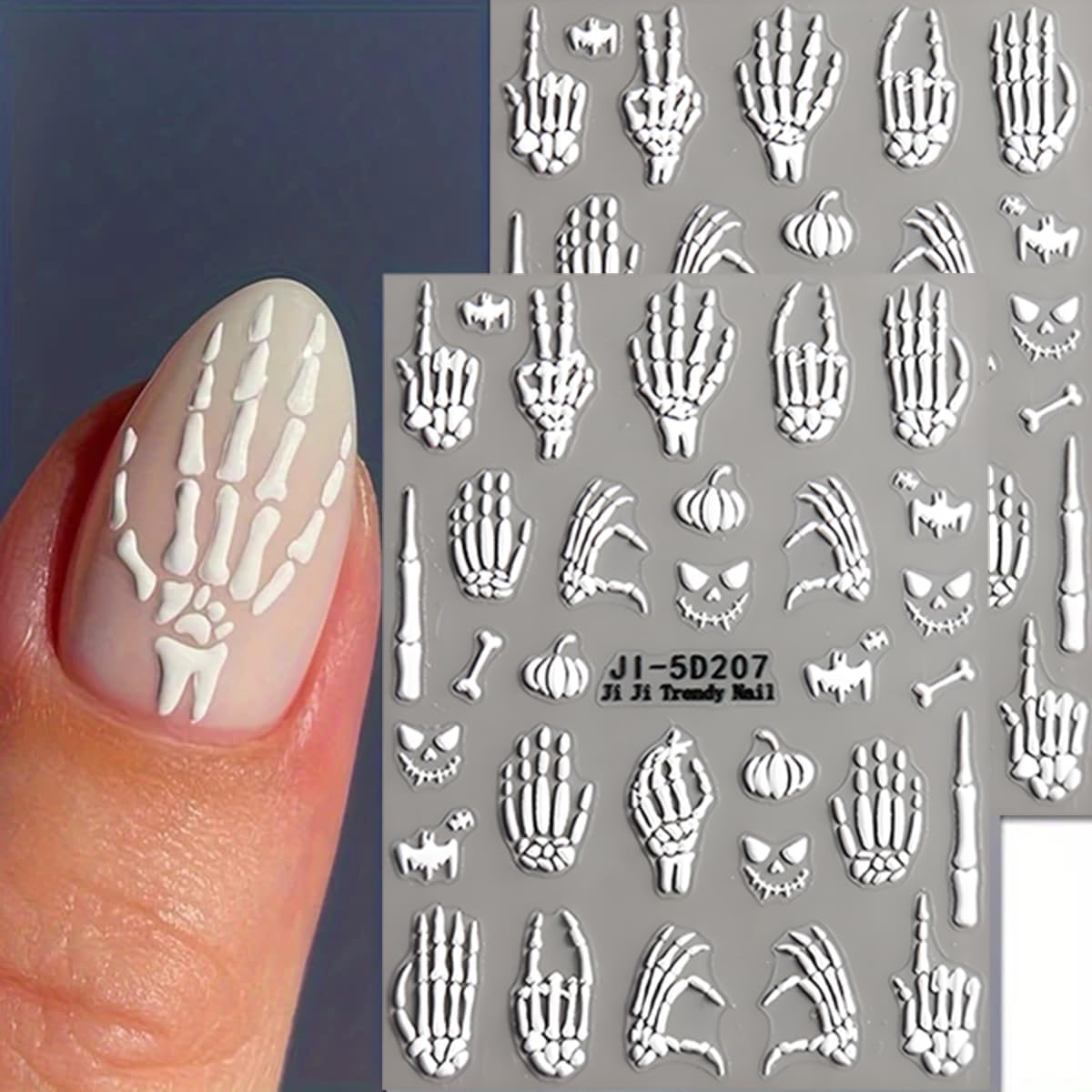 Halloween Nail Art Stickers Decals 5D Embossed Finger Bone Nail Decals 3PCS Fantasy Bone Pumpkin Bat Design Halloween Nail Stickers Nail Art Supplies for Women Holiday DIY Manicure Decorations