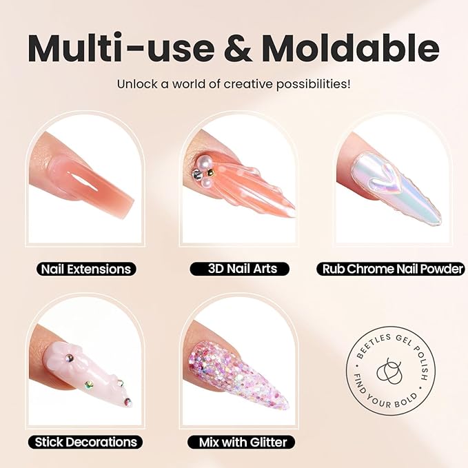 Beetles Solid Builder Nail Gel 1 oz White 3D Sculpting Gel for Nail Art Non-Sticky Extension with Rhinestones & Pearls and Rhinestones Glue Double-Head Pen DIY Salon Home for Women