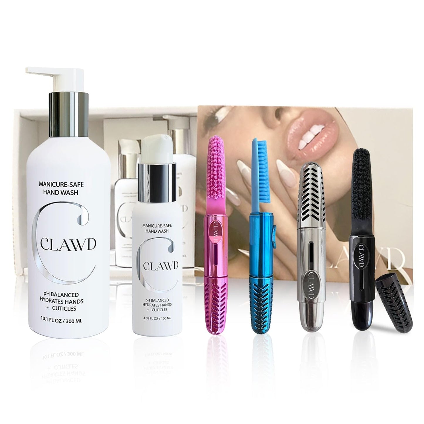 CLAWD Nail Care Kit for Girls and Women, Includes Nail Brush for Cleaning Fingernails, Fingernail Brush, Nail Scrubber Brush, Hand Wash 100ml & 300ml, Black, Blue, Silver, Pink Brushes | Set of 6