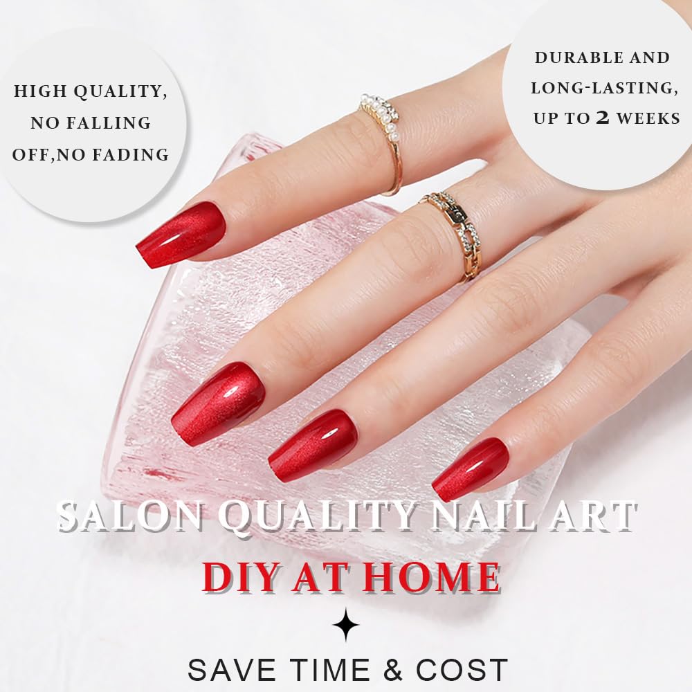 evpct Red Cat Eye Press on Nails Square Medium Coffin, Medium Square Glue on Nails for Women Gift, Red Metallic Glitter Glossy Reusable Spring Summer Stick Gel Press on Acrylic Fake Nail with Designs