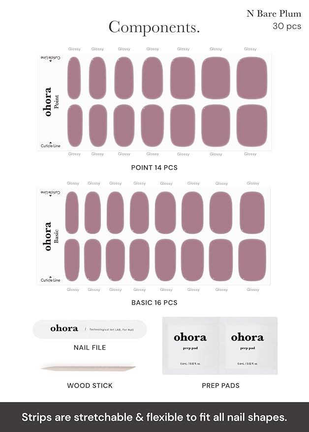 ohora Semi Cured Gel Nail Strips (N Bare Plum) - Purple, Solid, Works with Any UV/LED Lamps, Salon-Quality, Long Lasting, Easy to Apply & Remove - Includes 2 Prep Pads, Nail File & Wooden Stick