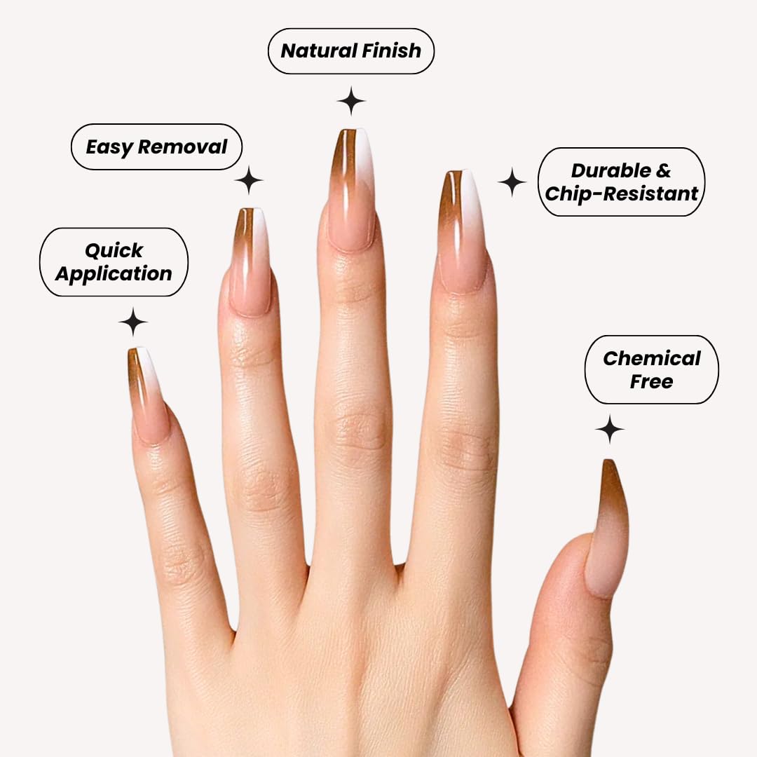 Perfect Look Press On Nails - Chic Glaze | No Glue One-Day Long Coffin Nails, Glossy Pink Swirl French Fake Nails - 24 Pcs Nail Kit with Adhesive Tabs