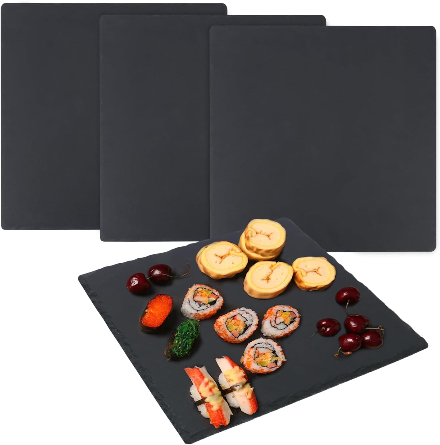 4 Pack 12 x 12 Inch Slate Cheese Boards, Black Square Slate Charcuterie Boards, Natural Charcuterie Stone Plates for Parties, Gifts, and Special Events, Cheese, Sushi, Food.