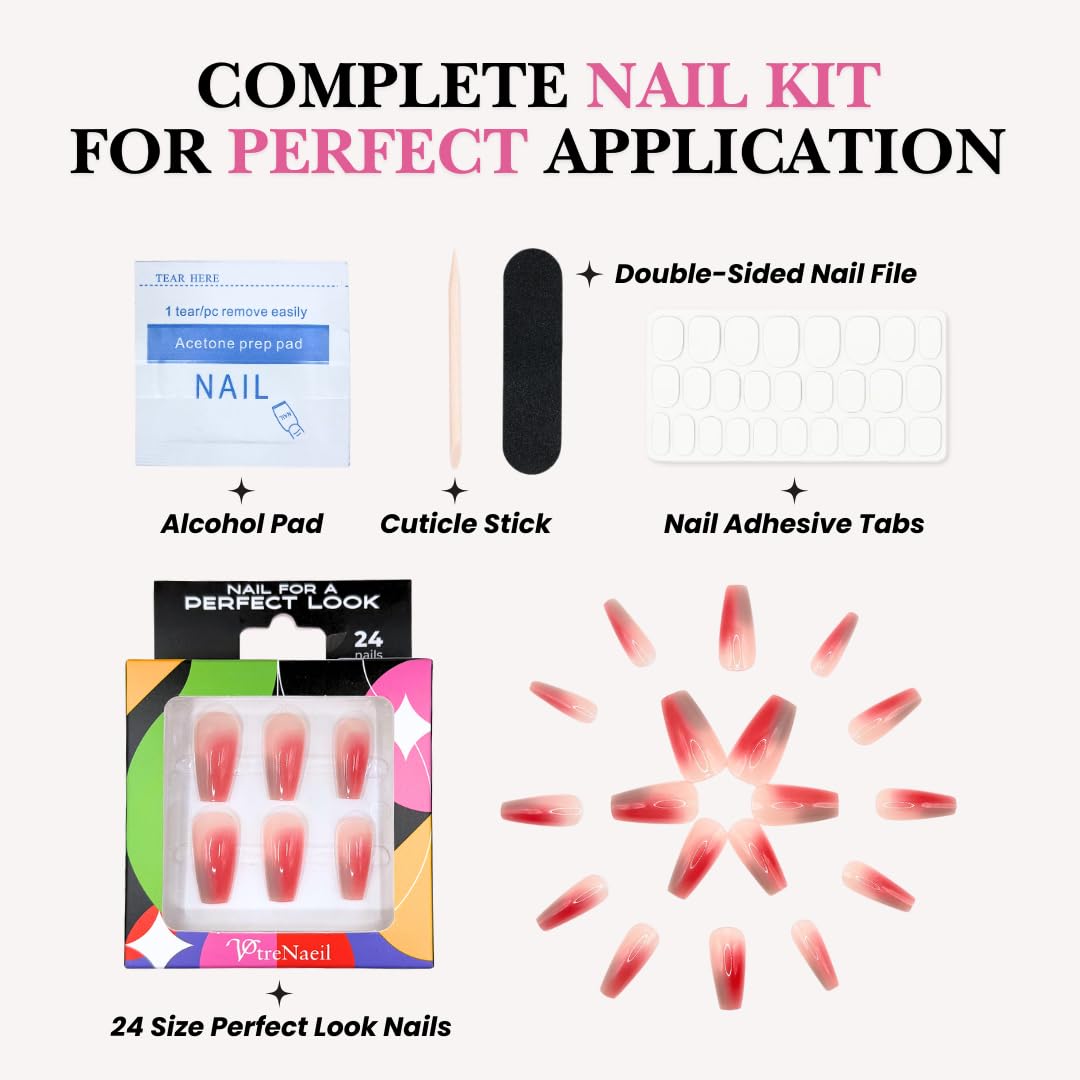 Perfect Look Press On Nails - Peach Bloom | No Glue One-Day Coffin Nails, Glossy Coral Ombre Fake Nails, Natural Look - 24 Pcs Nail Kit with Adhesive Tabs