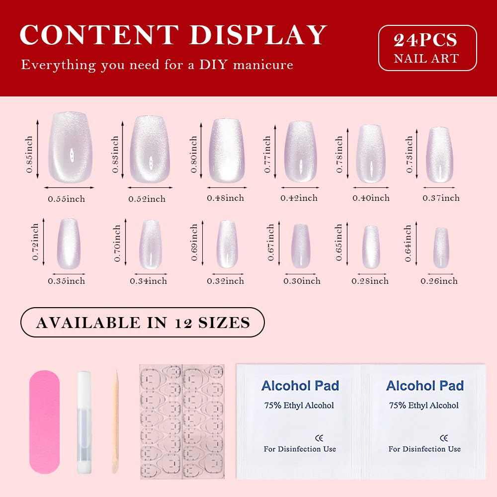 evpct Cat Eye Coffin Press on Nails Square Medium, Medium Square Glue on Nails for Women Gift, Light Lavender Purple Metallic Glitter Glossy Reusable Spring Summer Gel Press on Fake Nail with Designs
