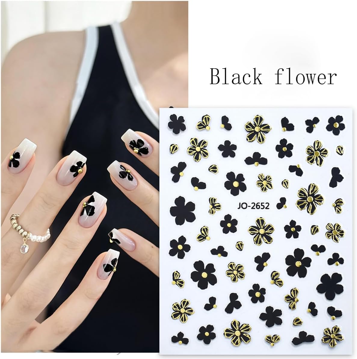 6Sheets Camellia Petals Nail Art Stickers 3D Metallic Flowers Nail Decals Engraved Flower Nail Sticker Black Gold Silver Designs Self-Adhesive Floral Nail Supplies for Women French Manicure Decoration