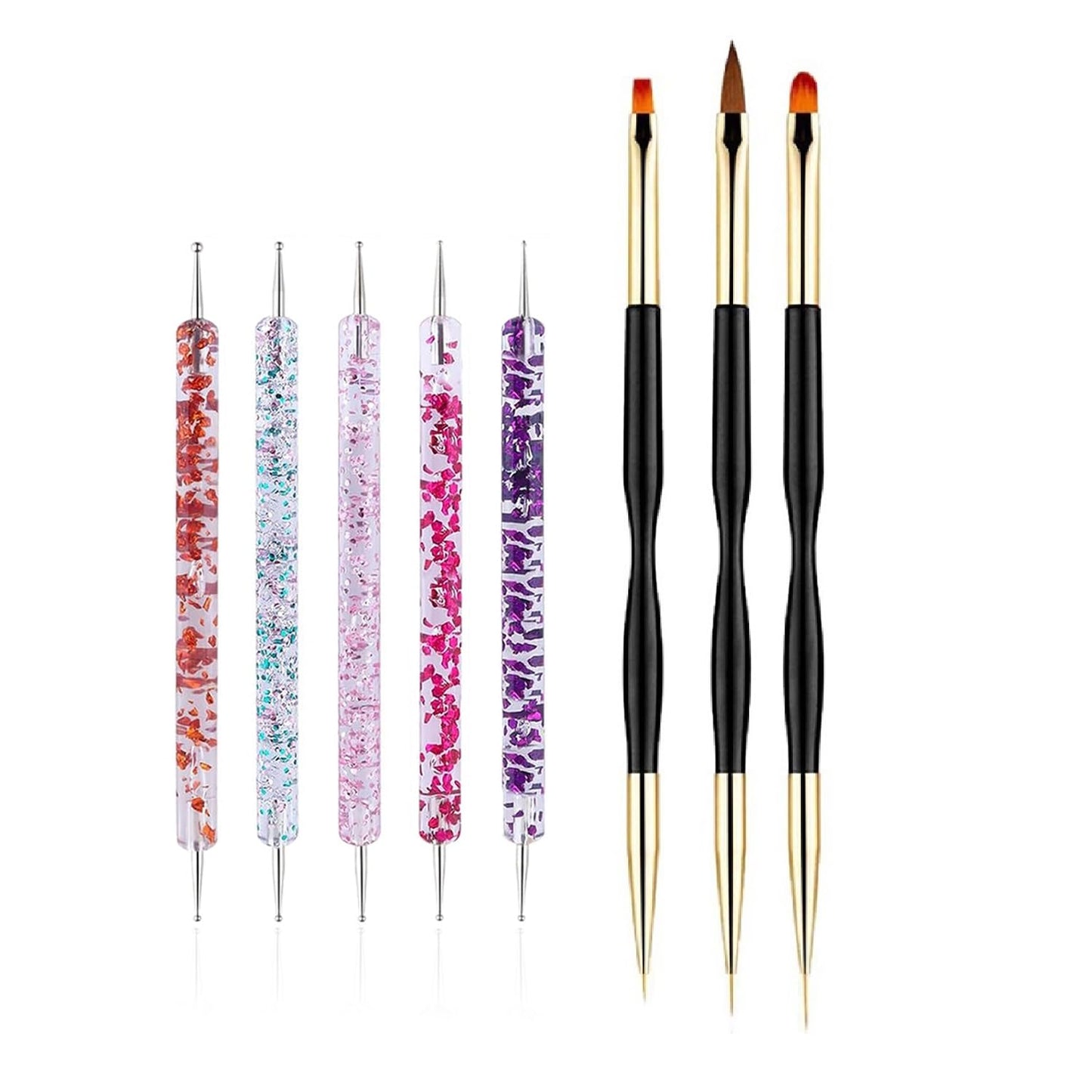 Nail Dotting Tools 8 Pcs Kit - 5PCS Nail Dotting Pens with 3 PCS Nail Painting Brushes, Double Ended Brush and Dotting Tool Kit, Nail Art Design Tools