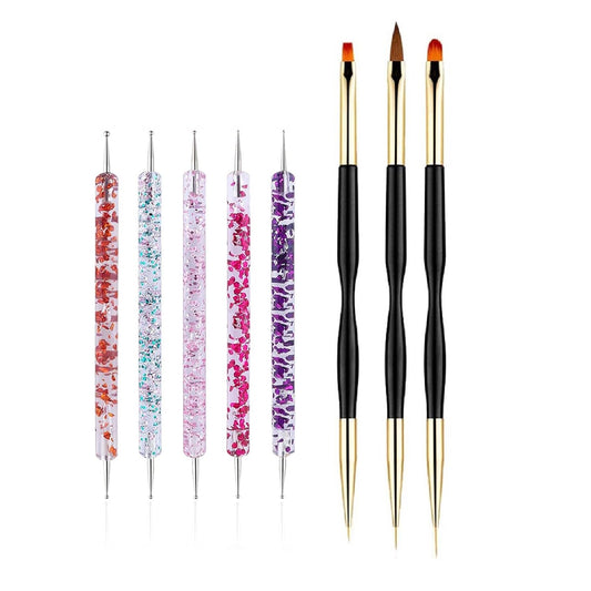 Nail Dotting Tools 8 Pcs Kit - 5PCS Nail Dotting Pens with 3 PCS Nail Painting Brushes, Double Ended Brush and Dotting Tool Kit, Nail Art Design Tools
