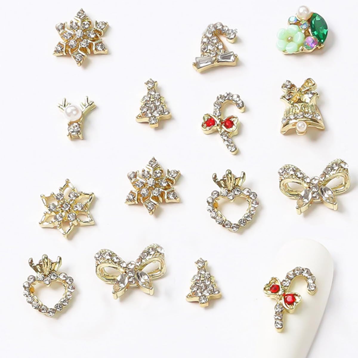 18Pcs Christmas Nail Art Charms Metallic Silver Nail Charms Shiny Snowflake Heart Christmas hat Trees Nail Rhinestones Bling Cute Crystal Nail Gems Winter Glitter Snowflake Nail Supplies for Women DIY