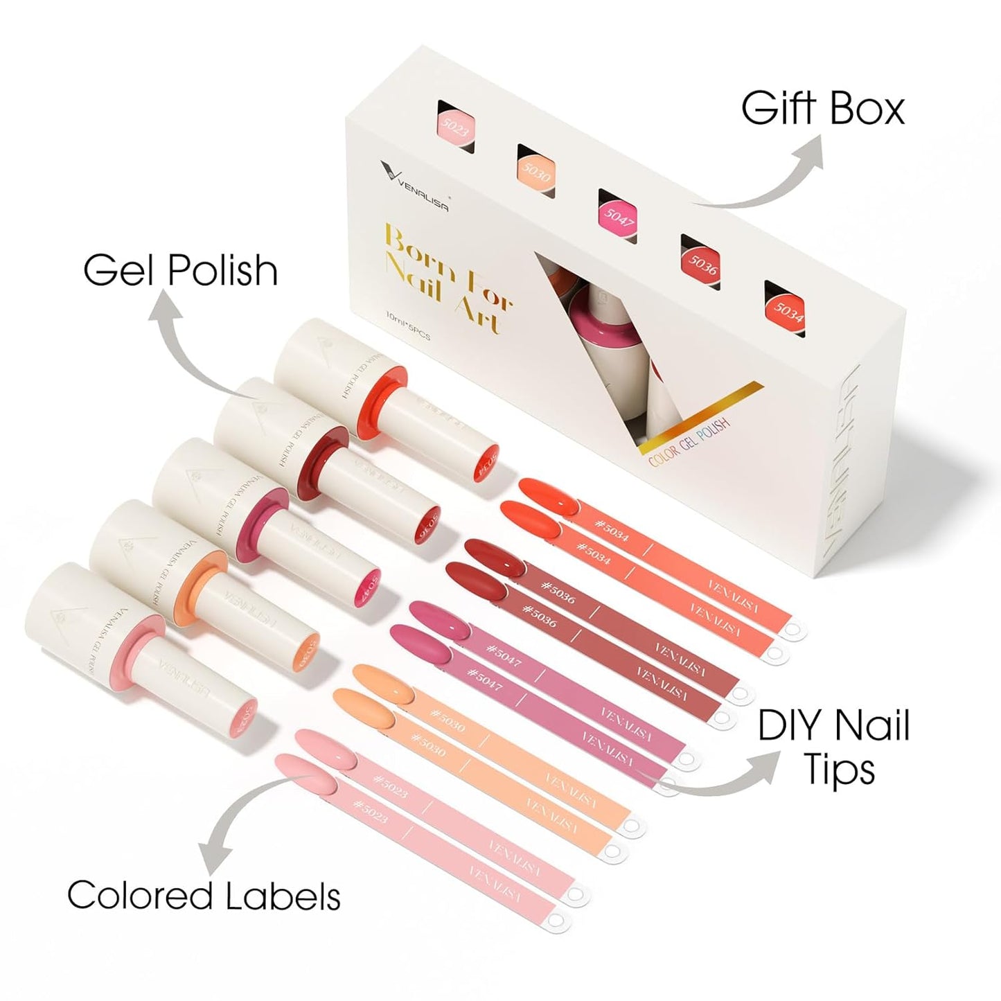 VENALISA Gel Nail Polish Set, 5 Colors 10ML Gel Polish Kit Red Nude Pink Coral Orange Soak Off Salon Manicure DIY at Home Nail Art For Girls Women