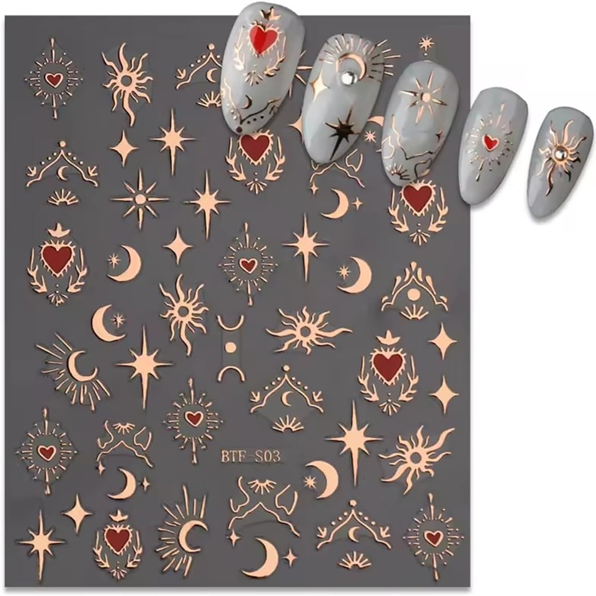 Gold Silver Nail Art Stickers Decals 6 Sheets Moon Star Nail Stickers 3D Self Adhesive Nail Decals Heart Moon Starlight Star Nail Art Design Decoration Accessories for Women Girls