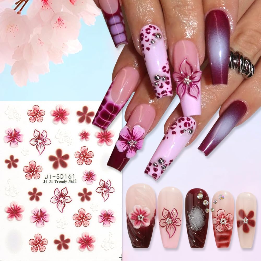 Flower Nail Art Stickers Decals 5D Embossed Nail Decals, 5 Sheets Colorful Flower Spring Summer Hibiscus Lily Floral Nail Art Design Self-Adhesive Nail Supplies Manicure Decorations for Women Girls