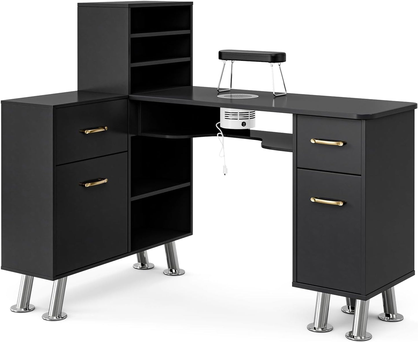 Manicure Table with Shelves, L-Shaped Nail Table Station w/Electric Downdraft Vent, Foldable Nail Arm Rest, Storage Cabinets, Drawers, Metal Handles & Legs for Nail Tech(Black New)
