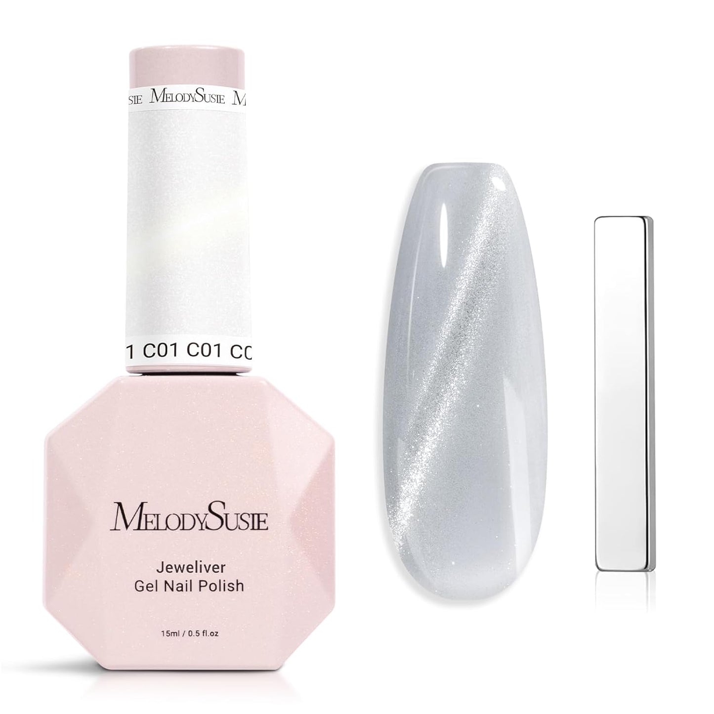 MelodySusie Jeweliver Cat Eye Gel Nail Polish, 0.5 Fl Oz Silver Glitter Holographic Magnetic Nail Polish with Magnet, UV Nail Polish for Nail Art Manicure Salon DIY at Home C01