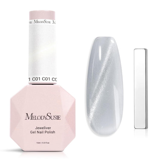MelodySusie Jeweliver Cat Eye Gel Nail Polish, 0.5 Fl Oz Silver Glitter Holographic Magnetic Nail Polish with Magnet, UV Nail Polish for Nail Art Manicure Salon DIY at Home C01