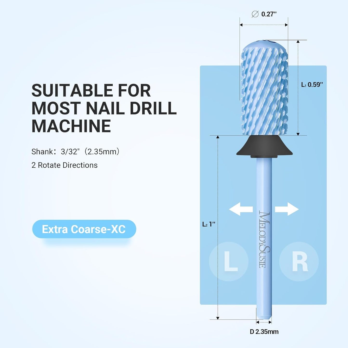 MelodySusie Safety Nail Drill Bits, 3/32'' Smooth Round Top Large Barrel Carbide Bits, Suitable for Manicure Pedicure Cuticle Gel Polishing, Beginners Bits, Light Blue, Series Bit-S, XC