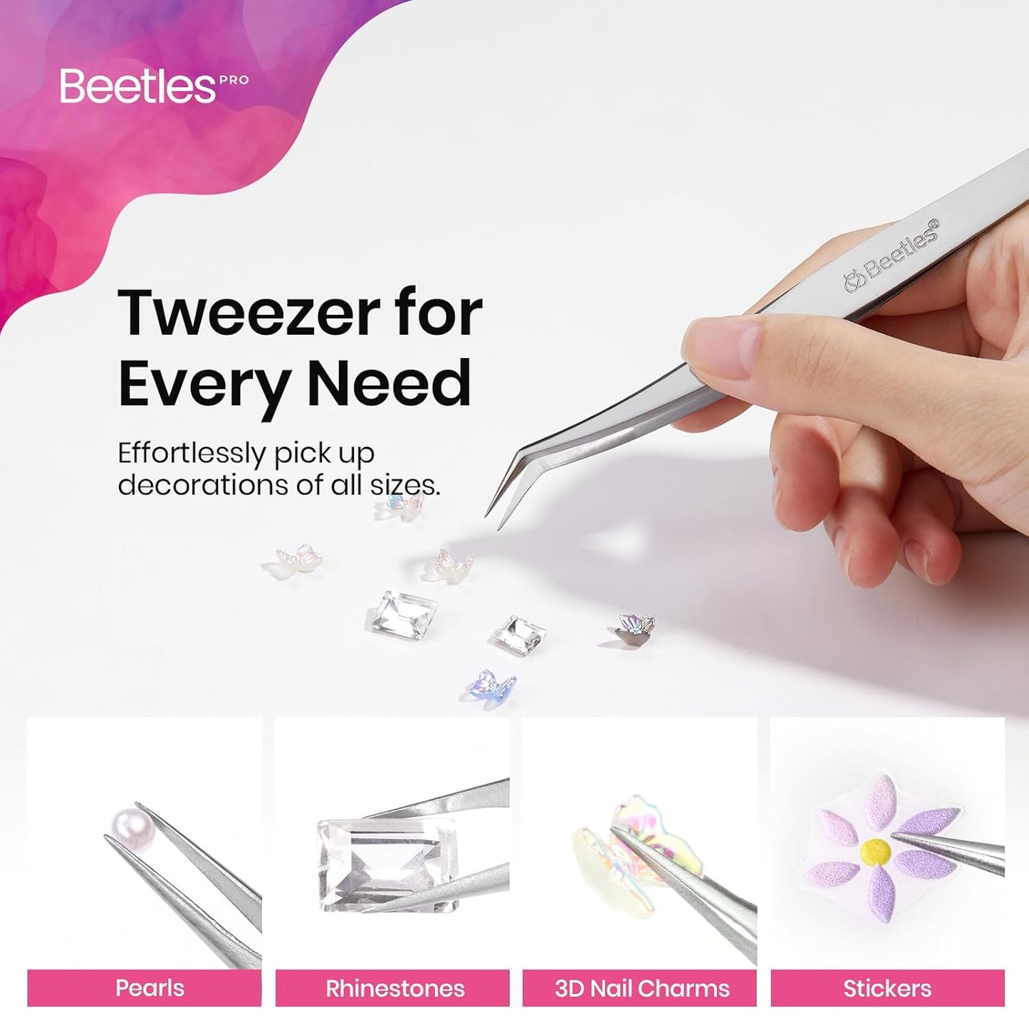 Beetles Professional Sticker Tweezers - Dual Ended Nail Art Tweezer, Curved Tip Pick Up Pearls Rhinestones, Silicone Tip Press Stickers Nail Art Tool Ultra Precision Stainless Steel Nippers