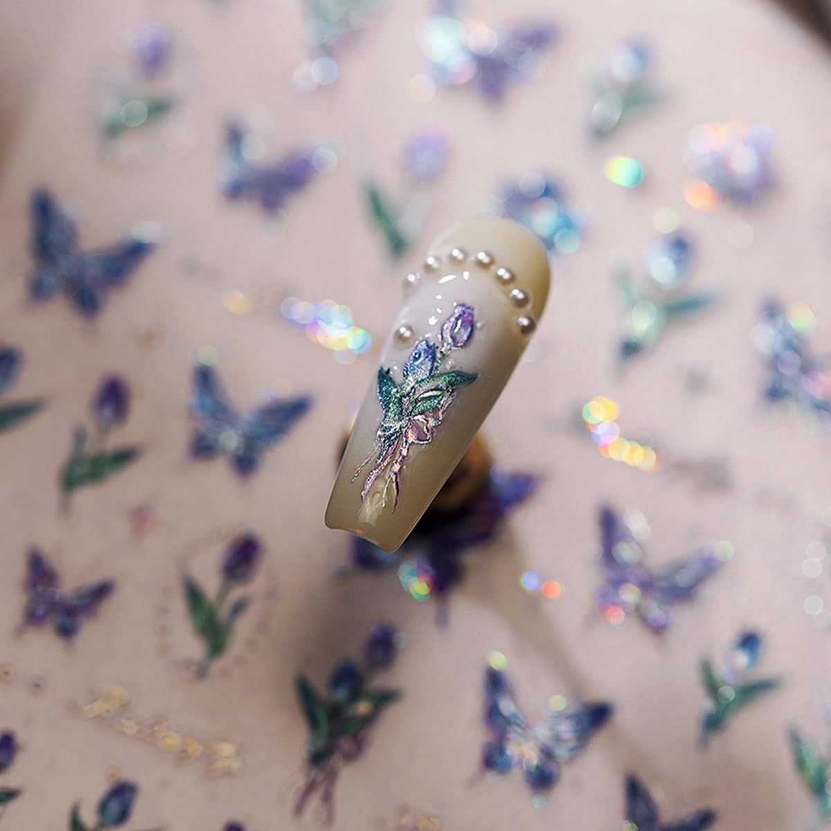 Butterfly Nail Art Stickers - Blue Butterflies, Flower Designs, 5D Embossed Decals, Shiny Accessories for Women & Girls. Great for Spring-Summer Nail Art Decoration